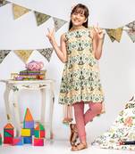 PS Kids by Payal Singhal Cream Printed Crepe Kurta with Rose Pink Soft Net Churidar and Net Dupatta
