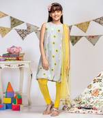 PS Kids by Payal Singhal Grey Printed Crepe Balloon Kurta with Yellow Soft Net Churidar and Net Dupatta