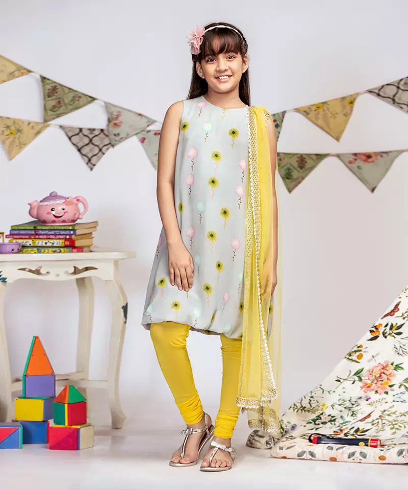 Grey Printed Crepe Balloon Kurta with Yellow Soft Net Churidar and Net Dupatta