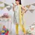 Grey Printed Crepe Balloon Kurta with Yellow Soft Net Churidar and Net Dupatta