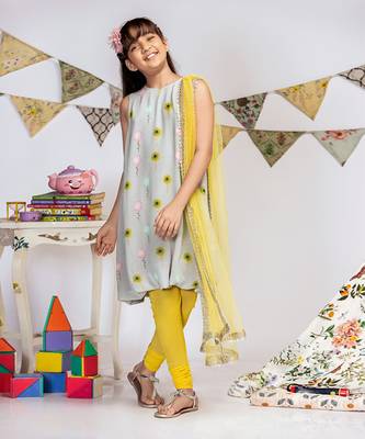 PS Kids by Payal Singhal Grey Printed Crepe Balloon Kurta with Yellow Soft Net Churidar and Net Dupatta 3