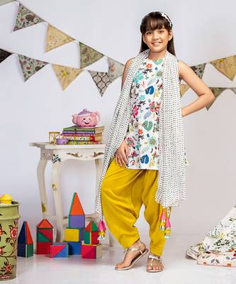 Cream Printed Crepe Short Kurta with Lime Green Silkmul Salwar and Cream Printed Chiffon Dupatta 2