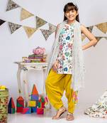 Cream Printed Crepe Short Kurta with Lime Green Silkmul Salwar and Cream Printed Chiffon Dupatta