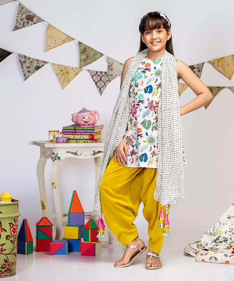 Cream Printed Crepe Short Kurta with Lime Green Silkmul Salwar and Cream Printed Chiffon Dupatta