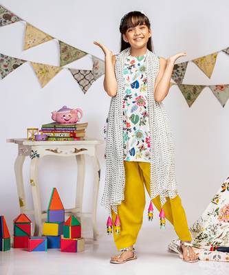 Cream Printed Crepe Short Kurta with Lime Green Silkmul Salwar and Cream Printed Chiffon Dupatta 1