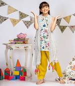 Cream Printed Crepe Short Kurta with Lime Green Silkmul Salwar and Cream Printed Chiffon Dupatta