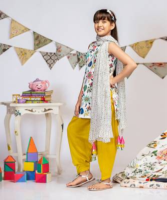 Cream Printed Crepe Short Kurta with Lime Green Silkmul Salwar and Cream Printed Chiffon Dupatta 3