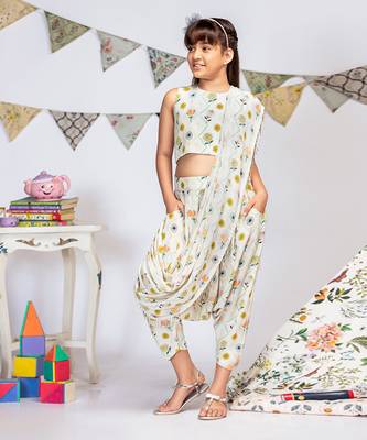 PS Kids by Payal Singhal Cream Printed Crepe Crop Top with Low Crotch Pant and Attached Georgette Drape 1