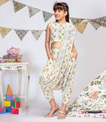 PS Kids by Payal Singhal Cream Printed Crepe Crop Top with Low Crotch Pant and Attached Georgette Drape