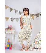 Cream Printed Crepe Crop Top with Low Crotch Pant and Attached Georgette Drape