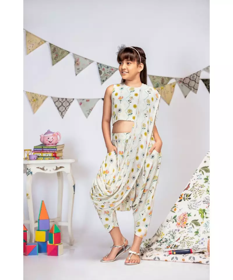 Cream Printed Crepe Crop Top with Low Crotch Pant and Attached Georgette Drape