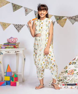 PS Kids by Payal Singhal Cream Printed Crepe Crop Top with Low Crotch Pant and Attached Georgette Drape 2