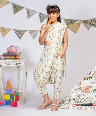 PS Kids by Payal Singhal Cream Printed Crepe Crop Top with Low Crotch Pant and Attached Georgette Drape 3