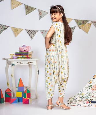PS Kids by Payal Singhal Cream Printed Crepe Crop Top with Low Crotch Pant and Attached Georgette Drape 4