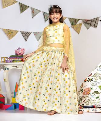 PS Kids by Payal Singhal Cream Printed Silkmul Choli and Lehenga with Pale Yellow net Dupatta 1
