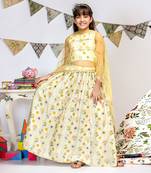 PS Kids by Payal Singhal Cream Printed Silkmul Choli and Lehenga with Pale Yellow net Dupatta