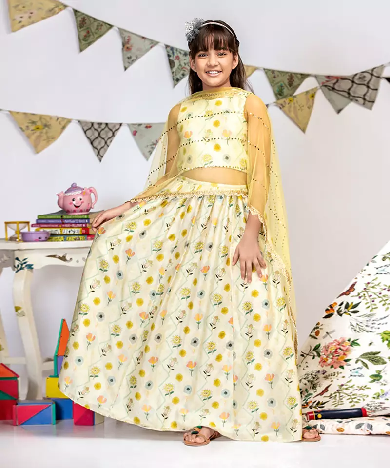 Cream Printed Silkmul Choli and Lehenga with Pale Yellow net Dupatta