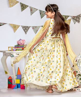 PS Kids by Payal Singhal Cream Printed Silkmul Choli and Lehenga with Pale Yellow net Dupatta 2