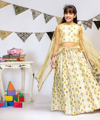 PS Kids by Payal Singhal Cream Printed Silkmul Choli and Lehenga with Pale Yellow net Dupatta 3