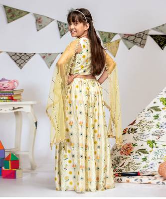PS Kids by Payal Singhal Cream Printed Silkmul Choli and Lehenga with Pale Yellow net Dupatta 4