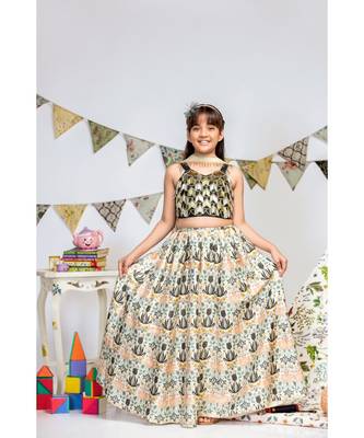 Black Silk Choli with Cream Printed Dupion Silk Lehenga and Off white Net Dupatta 1