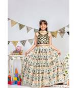 Black Silk Choli with Cream Printed Dupion Silk Lehenga and Off white Net Dupatta