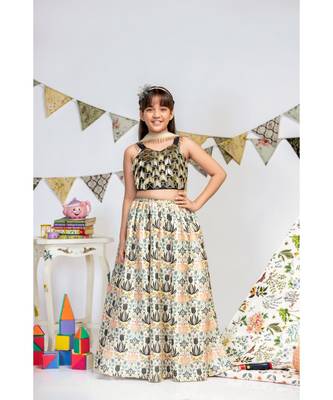 Black Silk Choli with Cream Printed Dupion Silk Lehenga and Off white Net Dupatta 2