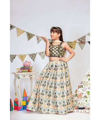 Black Silk Choli with Cream Printed Dupion Silk Lehenga and Off white Net Dupatta 3