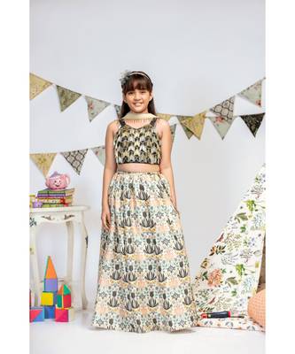 Black Silk Choli with Cream Printed Dupion Silk Lehenga and Off white Net Dupatta 4