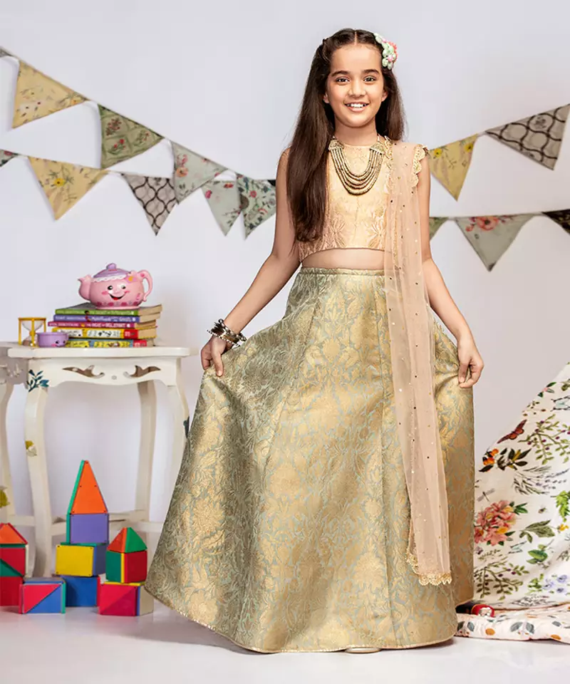 Blush Brocade Choli with Mint Brocade Lehenga and Blush Mukaish Net Dupatta