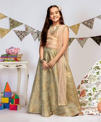 PS Kids by Payal Singhal Blush Brocade Choli with Mint Brocade Lehenga and Blush Mukaish Net Dupatta 1
