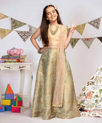 PS Kids by Payal Singhal Blush Brocade Choli with Mint Brocade Lehenga and Blush Mukaish Net Dupatta 3