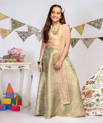 PS Kids by Payal Singhal Blush Brocade Choli with Mint Brocade Lehenga and Blush Mukaish Net Dupatta 4