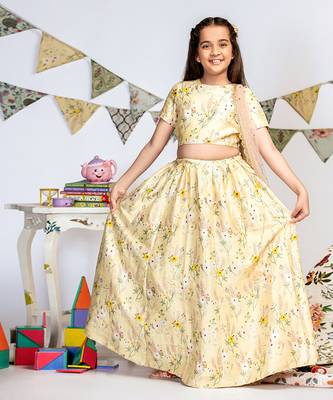 PS Kids by Payal Singhal Pale Yellow Printed Dupion Silk Choli with Lehenga and Rose Pink Mukaish Net Dupatta 2