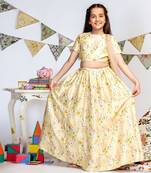 Pale Yellow Printed Dupion Silk Choli with Lehenga and Rose Pink Mukaish Net Dupatta