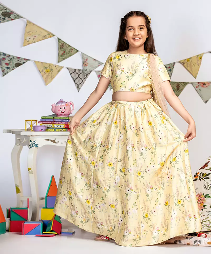 Pale Yellow Printed Dupion Silk Choli with Lehenga and Rose Pink Mukaish Net Dupatta