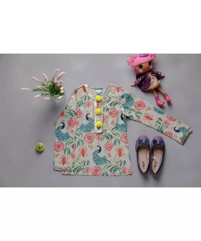 Khaki Anar Aur Mor Print Tunic