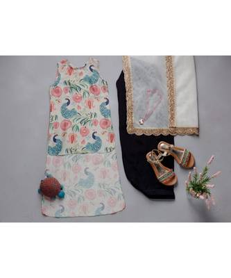 PS Kids by Payal Singhal Khaki Anaar Aur Mor Print Kurta Set 1