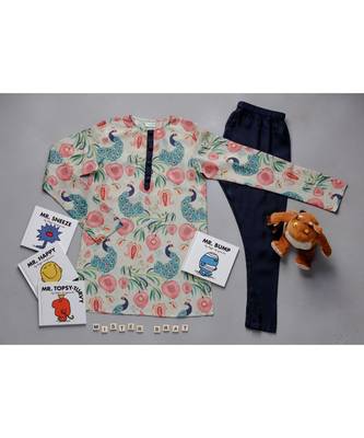 PS Kids by Payal Singhal Khaki Anar Aur Mor Print Kurta Set 1