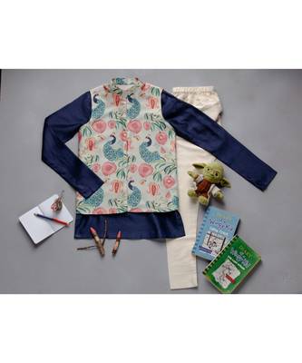 PS Kids by Payal Singhal Navy Kurta With Print Khaki Anar Aur Mor Koti Set 1