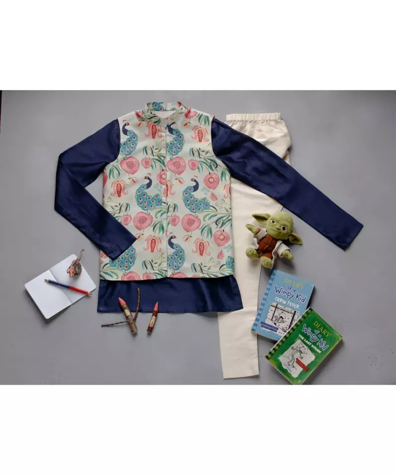 Navy Kurta With Print Khaki Anar Aur Mor Koti Set