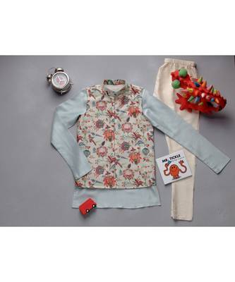 PS Kids by Payal Singhal Powder Blue Kurta With Khaki Chidiya Koti Set 1