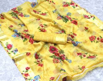 Yellow printed linen saree with blouse 1