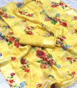 Yellow printed linen saree with blouse