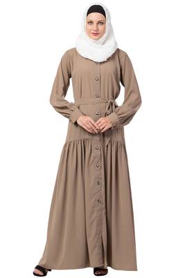 MRC Women Front open abaya with pin-tucks-Beige color Crepe Solid Abaya With Hijab 1