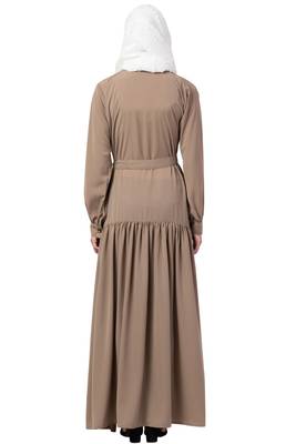 MRC Women Front open abaya with pin-tucks-Beige color Crepe Solid Abaya With Hijab 2