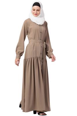 MRC Women Front open abaya with pin-tucks-Beige color Crepe Solid Abaya With Hijab 5