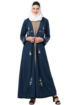 MRC Women Double layered abaya with embroidery work Crepe Solid Abaya With Hijab 1
