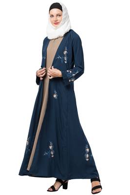 MRC Women Double layered abaya with embroidery work Crepe Solid Abaya With Hijab 3