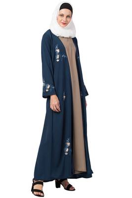 MRC Women Double layered abaya with embroidery work Crepe Solid Abaya With Hijab 4